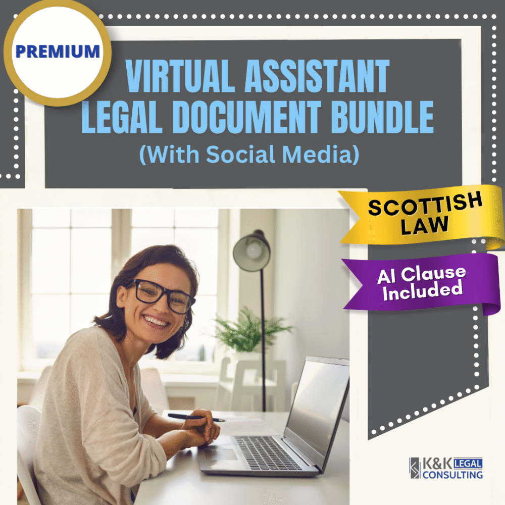 Scottish VA Premium Legal Bundle with Social Media and AI Clauses includes a client contract, associate agreement, privacy & cookies policy and website terms of use
